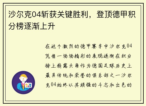 沙尔克04斩获关键胜利，登顶德甲积分榜逐渐上升